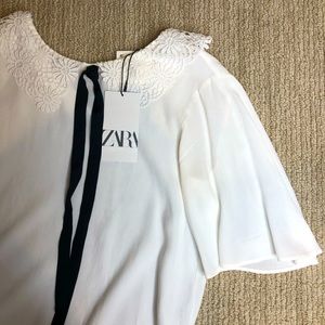 Zara NWT white lace peter pan collar tie blouse